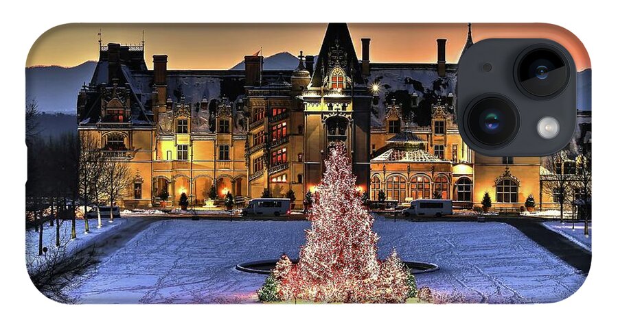 Holidays At Biltmore House iPhone 14 Case featuring the photograph Biltmore Christmas Night All Covered In Snow by Carol Montoya