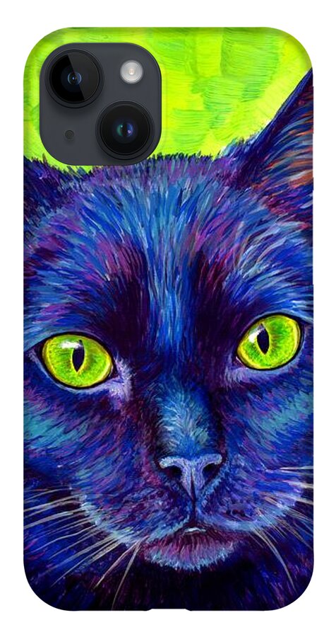 Cat iPhone Case featuring the painting Black Cat with Chartreuse Eyes by Rebecca Wang