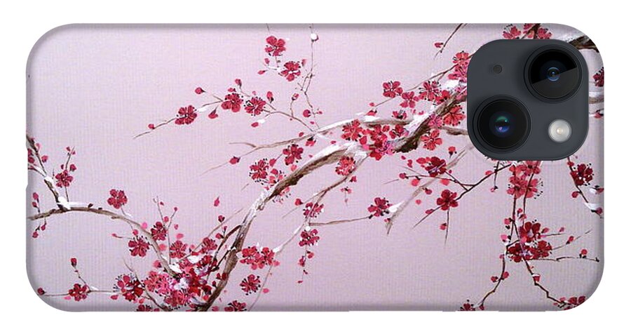 Russian Artists New Wave iPhone 14 Case featuring the painting Blooming Sakura Branch with Snow by Alina Oseeva