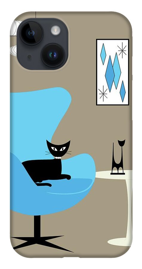 Mid Century Modern iPhone Case featuring the digital art Blue Egg Chair with Cats by Donna Mibus