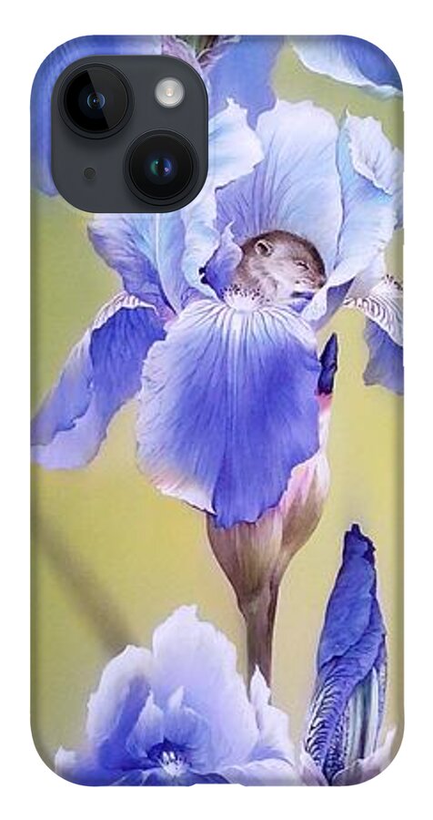 Russian Artists New Wave iPhone Case featuring the painting Blue Irises with Sleeping Baby Mouse by Alina Oseeva