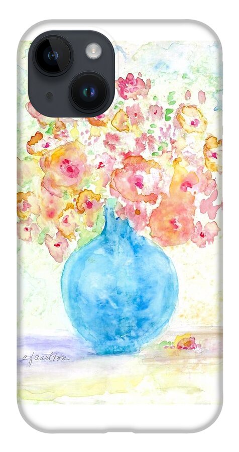 Blue iPhone 14 Case featuring the painting Blue Vase with Flowers by Claudette Carlton
