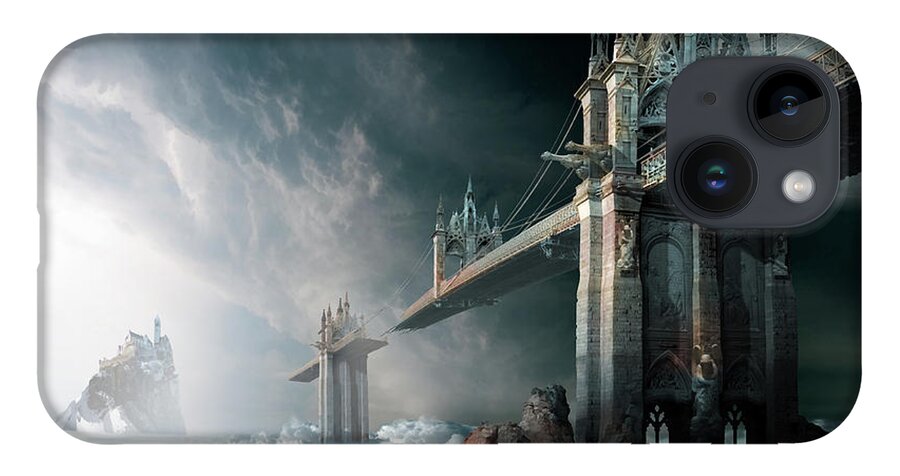 Sky Clouds Rainbow Bridge Haven Gothic Architecture Broken Island Moon iPhone Case featuring the digital art Bridges to the Neverland by George Grie