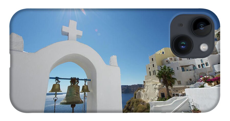 Scenics iPhone 14 Case featuring the photograph Bright Bell Tower Santorini Greece by Peskymonkey