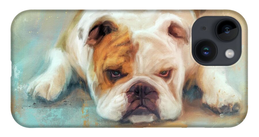 Colorful iPhone 14 Case featuring the painting Bulldog With The Blues by Jai Johnson