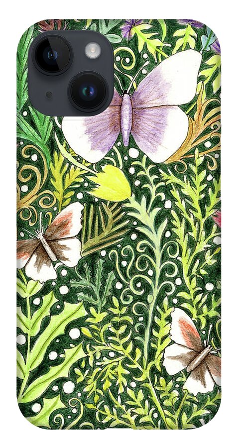 Lise Winne iPhone 14 Case featuring the painting Butterflies in the Millefleurs by Lise Winne