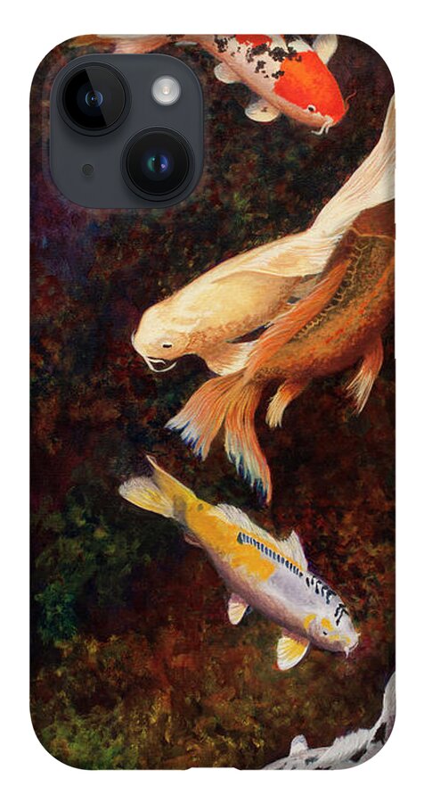Koi iPhone 14 Case featuring the painting Chasing Tail by Megan Collins