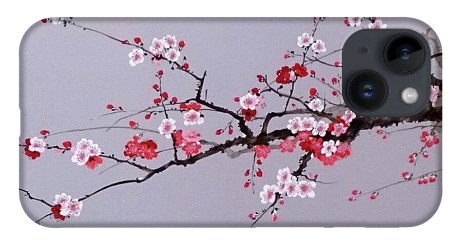 Russian Artists New Wave iPhone 14 Case featuring the painting Cherry Branch with Pink, White and Red Flowers by Alina Oseeva