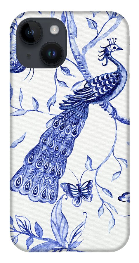 Chinoiserie iPhone 14 Case featuring the painting Chinoiserie Blue and White Peacocks and Butterflies by Audrey Jeanne Roberts
