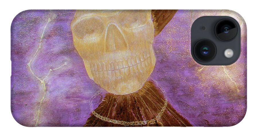 Obsidian Skull iPhone 14 Case featuring the painting Compelling Communications with a Large Golden Obsidian Skull by Feather Redfox