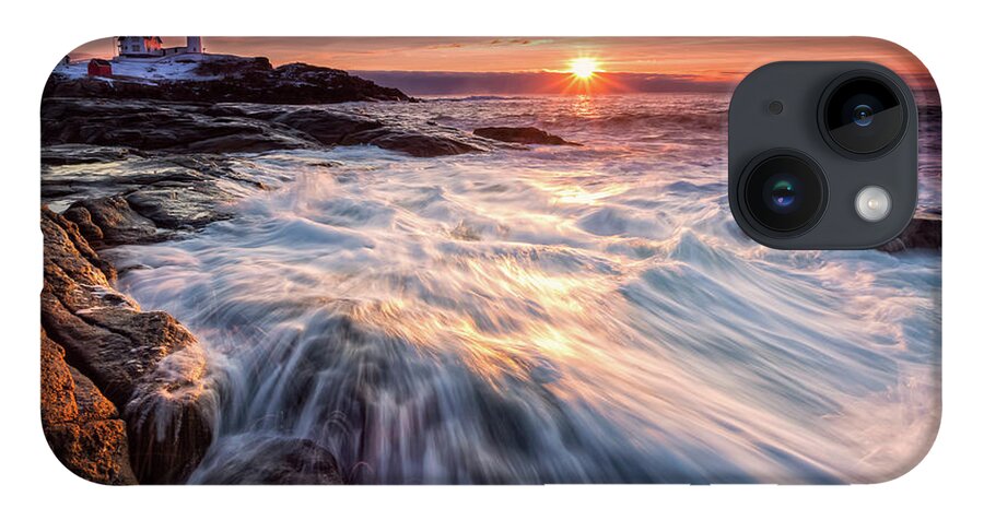 Amazing New England iPhone 14 Case featuring the photograph Crashing Waves at Sunrise, Nubble Light. by Jeff Sinon