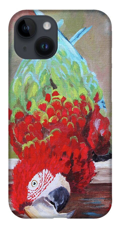 Parrot iPhone 14 Case featuring the painting Curious as a Cat by Megan Collins