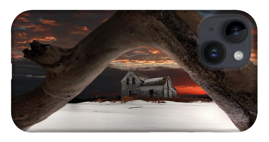 Abandoned Farm Farmstead Deadwood Frozen Tree Ice Snow Winter Cold Blue Scenic Landscape Prairie Winter Freezing Sunset Sunrise Arch Devils Lake Frost Desolate Deserted iPhone 14 Case featuring the photograph Deadwood Arch Above Abandoned Farm #2 by Peter Herman