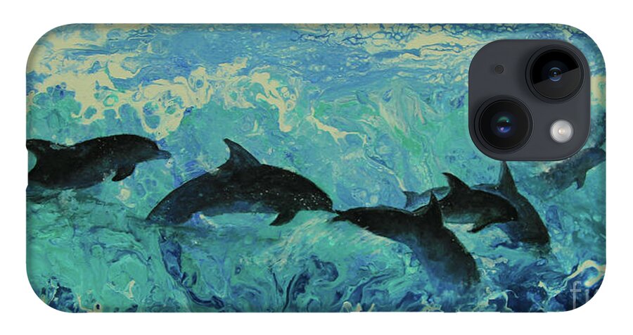 Painting iPhone 14 Case featuring the painting Dolphins Surf by Jeanette French