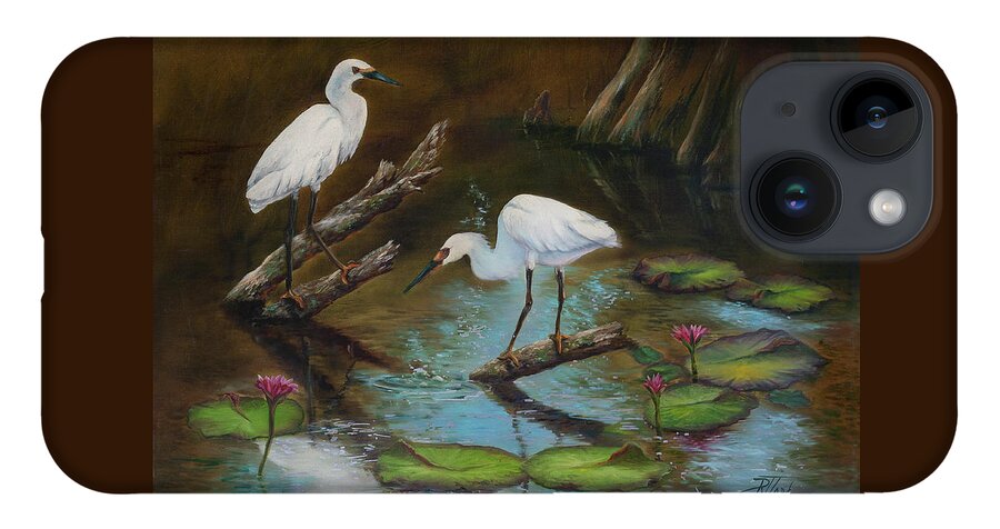 Egrets iPhone 14 Case featuring the painting Two Egrets--Missed Again by Lynne Pittard