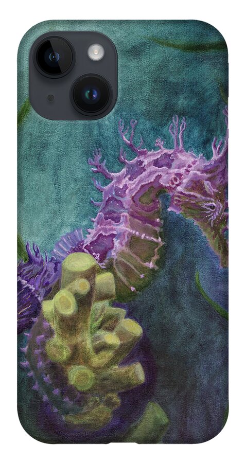 Maned Seahorse iPhone 14 Case featuring the painting Entwined Seahorses by Megan Collins