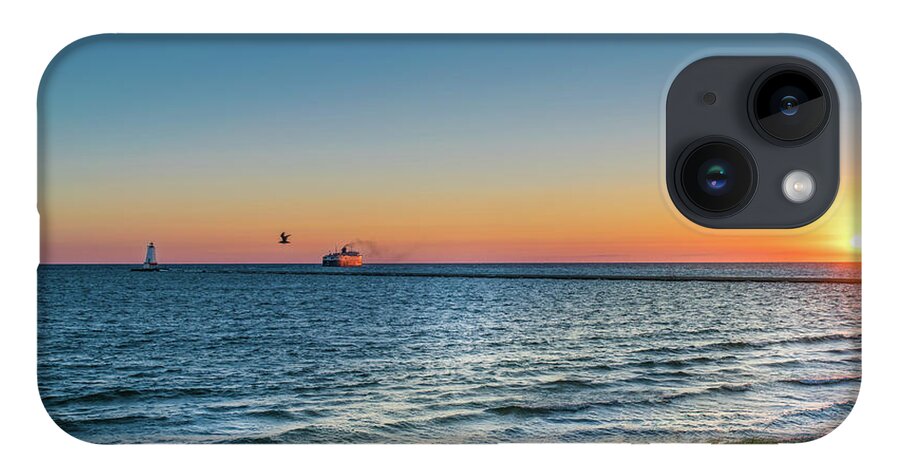 Badger Car Ferry iPhone 14 Case featuring the photograph Ferry Going Into Sunset by Lester Plank
