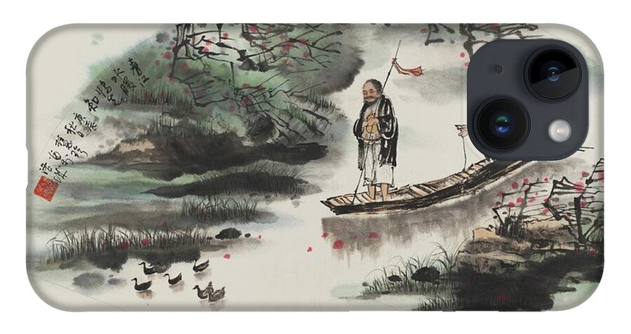 Chinese Watercolor iPhone Case featuring the painting Shepherding the Flock of Ducks Home at Days End by Jenny Sanders