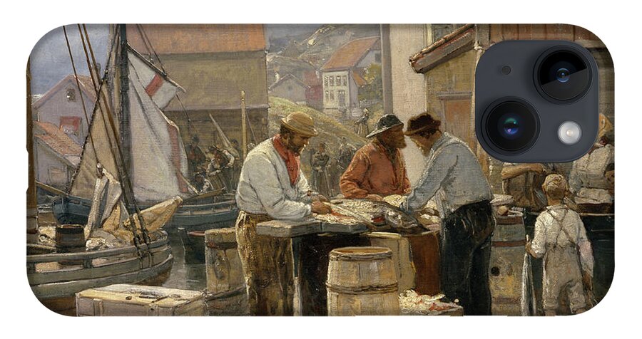 Oscar Wergeland iPhone 14 Case featuring the painting Fishmarket in Aalesund by O Vaering