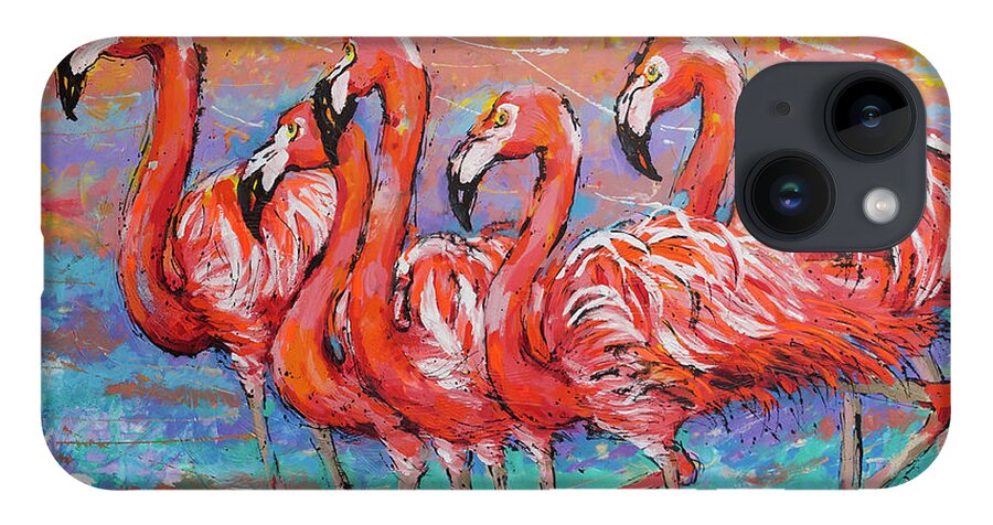  iPhone 14 Case featuring the painting Flamingos at Sunset by Jyotika Shroff