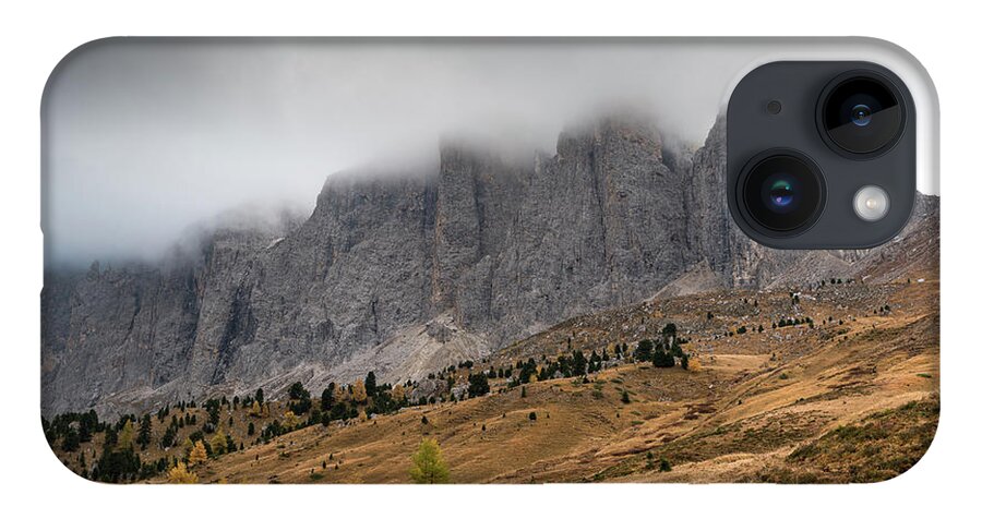 Mood iPhone 14 Case featuring the photograph Foggy mountain landscape of the picturesque Dolomites mountains by Michalakis Ppalis