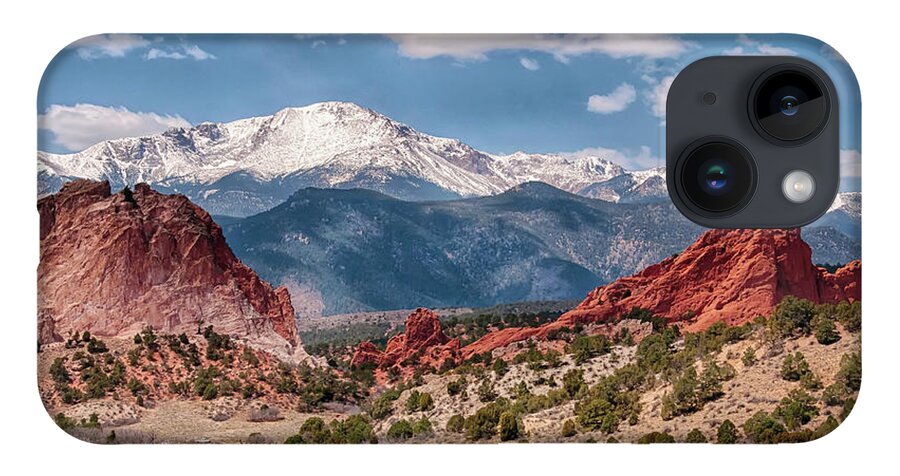 Tranquility iPhone 14 Case featuring the photograph Garden Of The Gods And Pikes Peak by Ronnie Wiggin