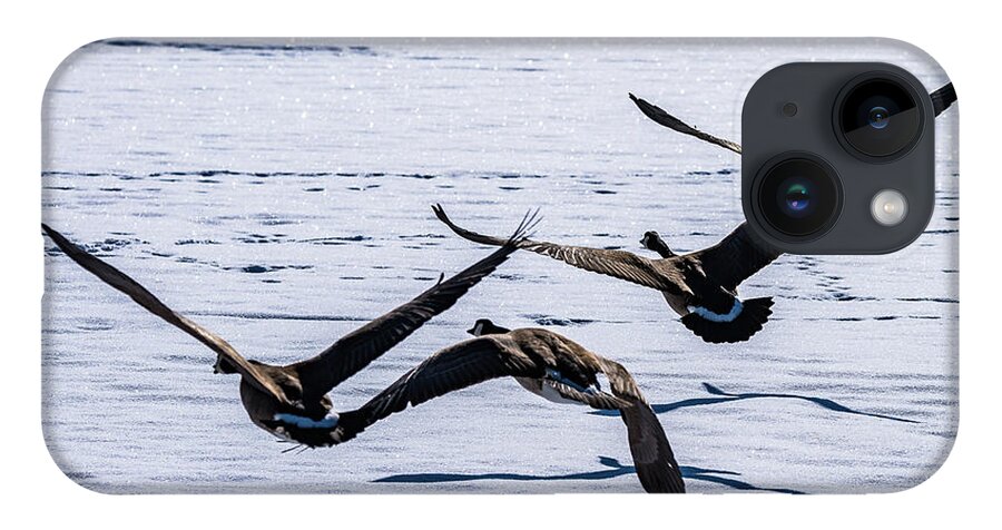 Geese iPhone 14 Case featuring the photograph Geese over Frozen Kitring Pond by Tim Kathka