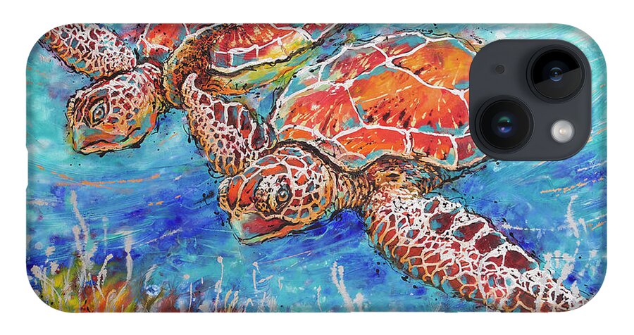 Marine Turtles iPhone 14 Case featuring the painting Gliding Sea Turtles by Jyotika Shroff