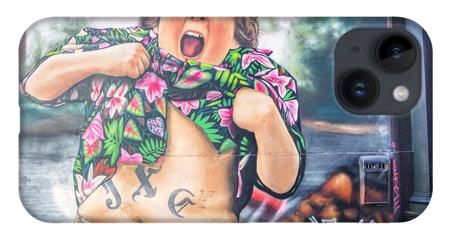 Graffiti Art Painting iPhone 14 Case featuring the photograph Graffiti art painting of Chunk from the Goonies by Raymond Hill