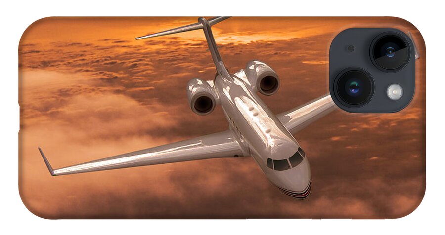 Gulfstream 550 Business Jet iPhone 14 Case featuring the digital art Gulfstream 550 Out of the Sunset by Erik Simonsen