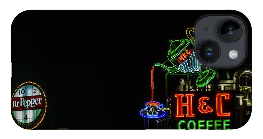 Neon Sign iPhone Case featuring the photograph H C Coffee sign and Dr Pepper Roanoke virginia by Julieta Belmont