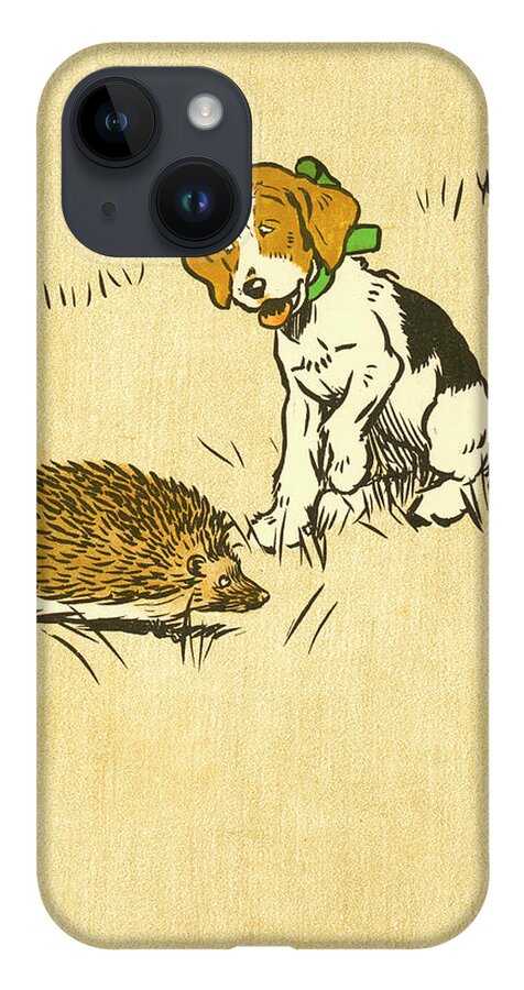Book Illustration iPhone 14 Case featuring the drawing Puppy and Hedgehog, illustration of by Cecil Aldin