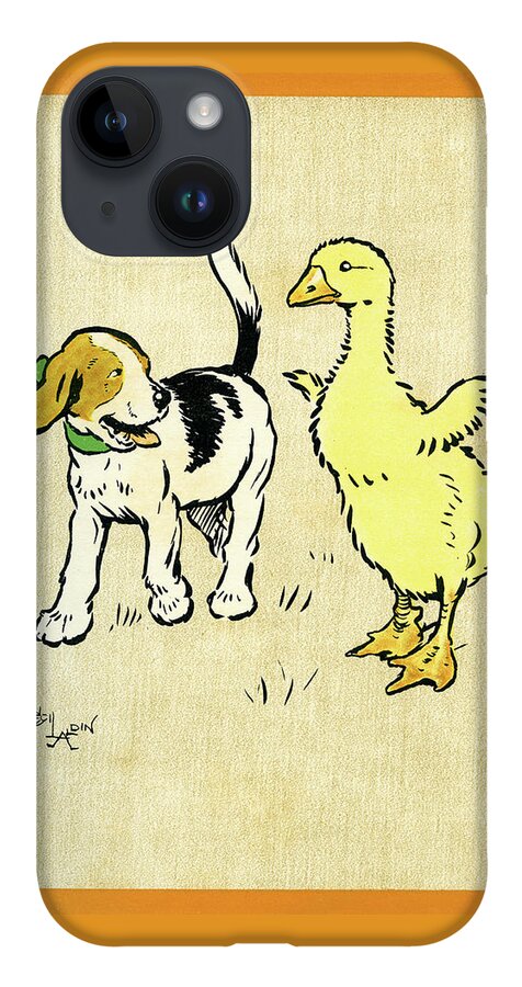 Puppy iPhone 14 Case featuring the mixed media Illustration of puppy and gosling by Cecil Aldin