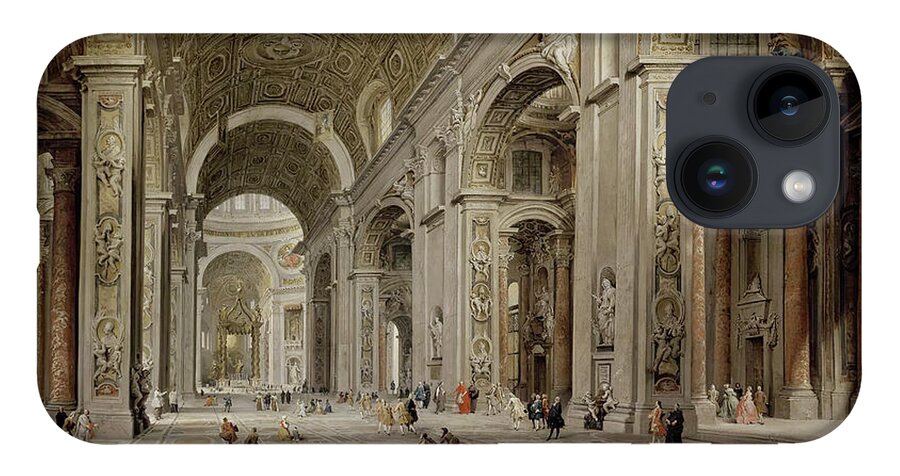 Interior Of St Peter's Basilica In Rome iPhone 14 Case featuring the painting Interior of St Peter's Basilica in Rome c1750 by Giovanni Paolo Pannini by Rolando Burbon