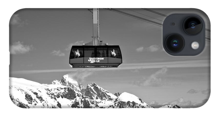 Jackson Hole Tram iPhone 14 Case featuring the photograph Jackson Hole Tram Over The Snow Caps Black And White by Adam Jewell