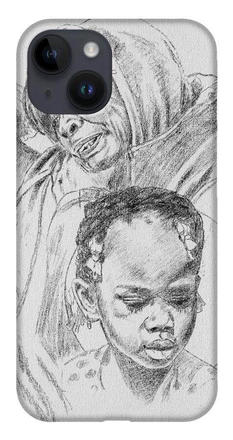 Young Girl iPhone 14 Case featuring the drawing Kennedi Powell and Grandmother by John Lautermilch