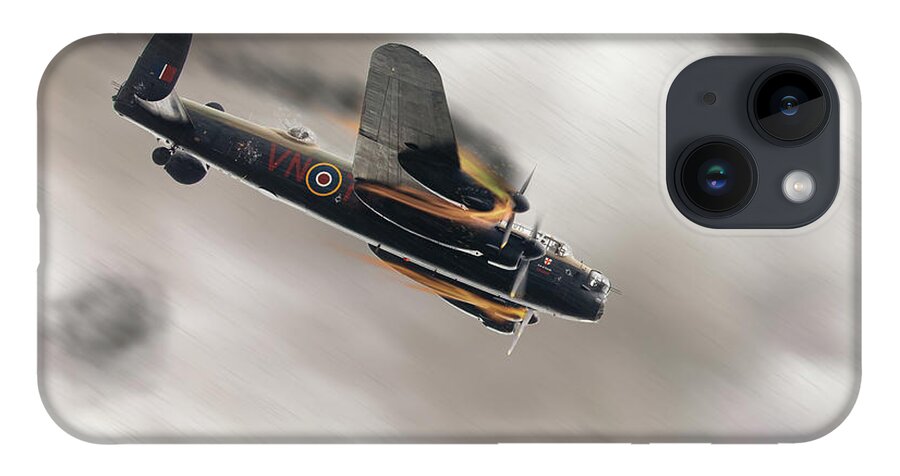 Lancaster Bomber iPhone 14 Case featuring the photograph Lancaster bomber on fire crashing by Simon Bratt
