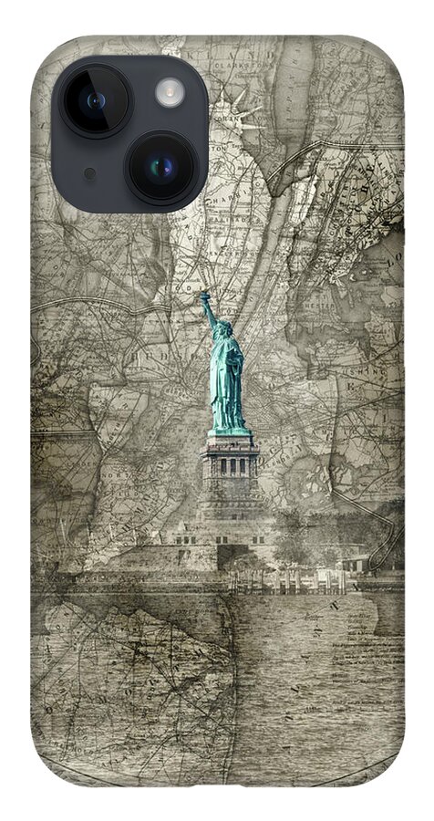 Liberty Map Sepia iPhone 14 Case featuring the photograph Liberty Map Sepia by Sharon Popek