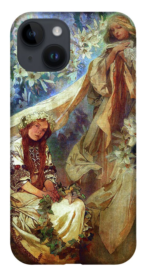 Madonna Of The Lilies iPhone 14 Case featuring the painting Madonna of the Lilies by Alphonse Mucha by Rolando Burbon