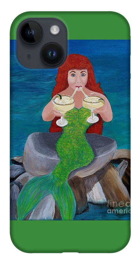 Mermaid iPhone 14 Case featuring the painting Margaritas on the Rocks Mermaid by Elizabeth Mauldin