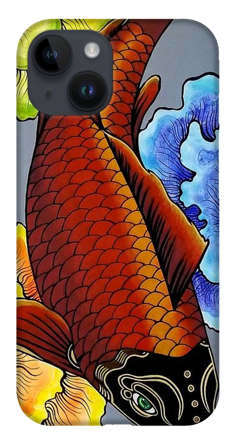  iPhone 14 Case featuring the painting Metallic Koi Fish by Bryon Stewart