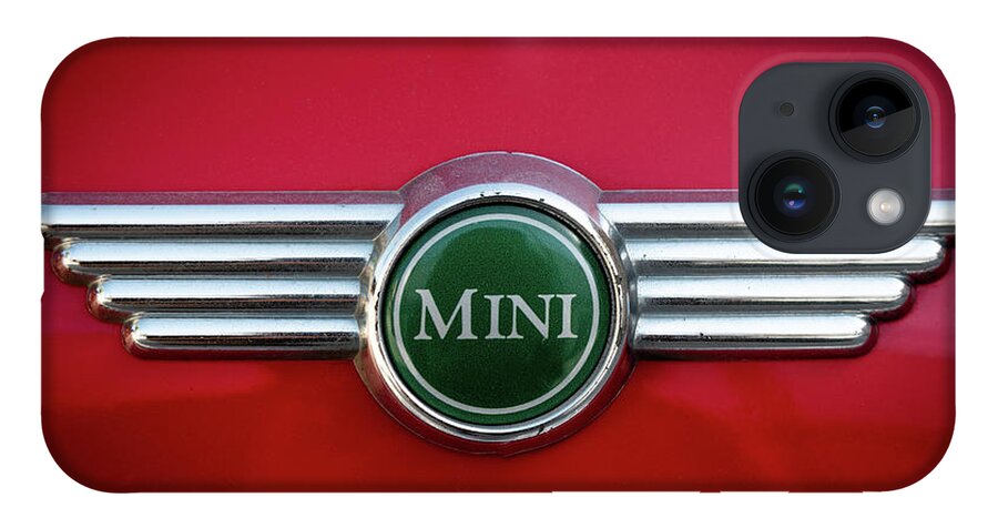 Mini iPhone 14 Case featuring the photograph Mini Cooper car logo on red surface by Michalakis Ppalis