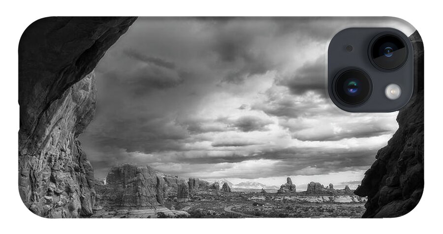 Arches iPhone 14 Case featuring the photograph Moody Day At Double Arch by Owen Weber