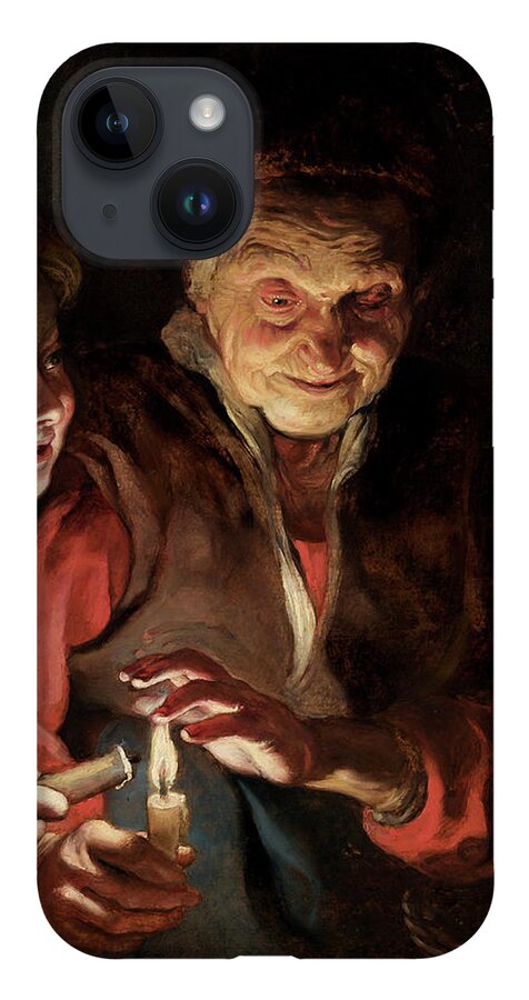 Old Woman And Boy With Candles iPhone 14 Case featuring the painting Old Woman and Boy with Candles by Peter Paul Rubens by Rolando Burbon