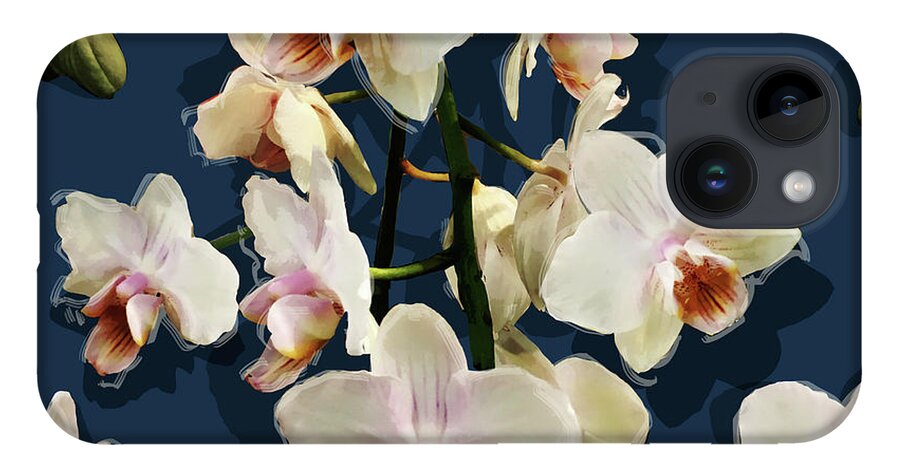 Glory iPhone 14 Case featuring the mixed media Orchids - on dark blue by BFA Prints