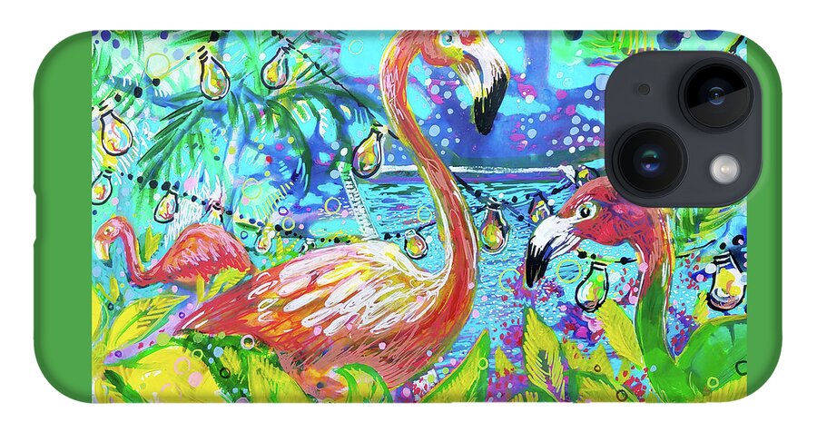 Flamingo iPhone 14 Case featuring the painting Outdoor flamingo party by Tilly Strauss