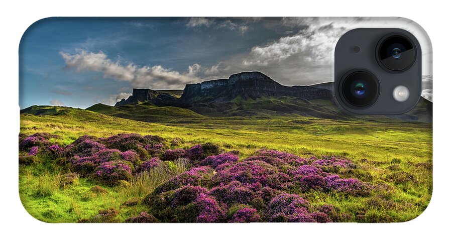 Abandoned iPhone Case featuring the photograph Pasture With Blooming Heather In Scenic Mountain Landscape At The Old Man Of Storr Formation On The by Andreas Berthold