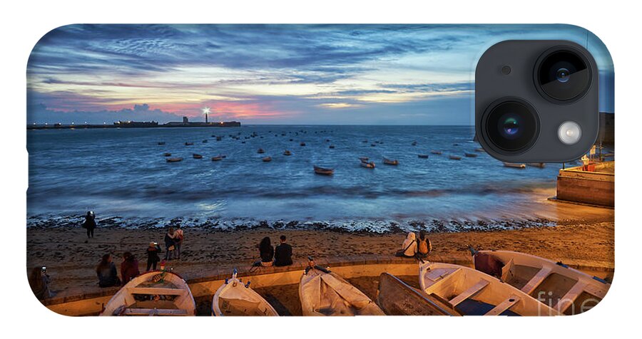 Sea iPhone 14 Case featuring the photograph People at Caleta Beach Photographing Sunset Dramatic Sky Cadiz Andalusia Spain by Pablo Avanzini
