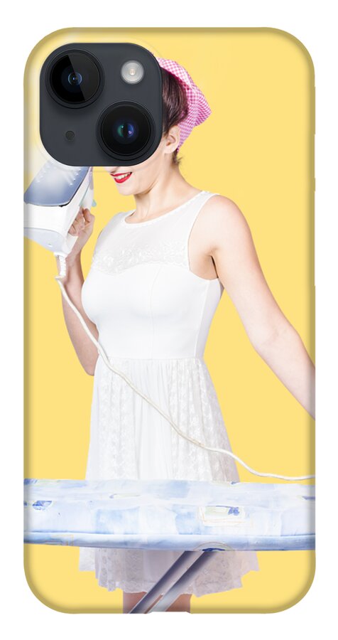 Cleaning iPhone Case featuring the photograph Pin up woman providing steam clean ironing service by Jorgo Photography