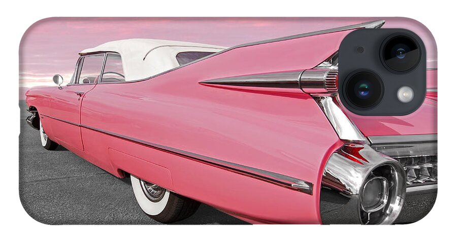 Cadillac iPhone 14 Case featuring the photograph Pink Cadillac Tail Fins At Sunset by Gill Billington